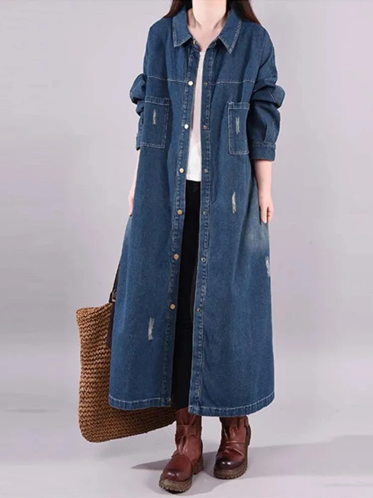 Denim Jacke Frauen 2023 Herbst Lose Feste Revers Einreiher Langarm Trenchcoat für Frauen Kleidung Lange Jean Mantel frauen 240125