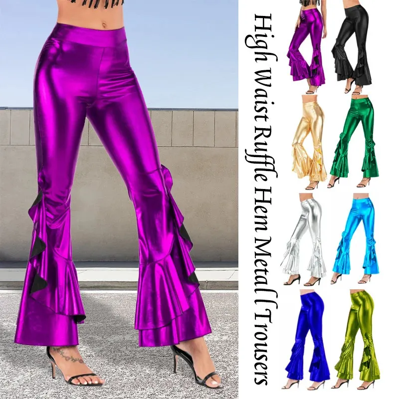 Vrouwen glanzende flare broek laser metallic wetlook ruche wijde pijpen broek retro jaren '70 disco hippie club skinny bell bottoms 240201