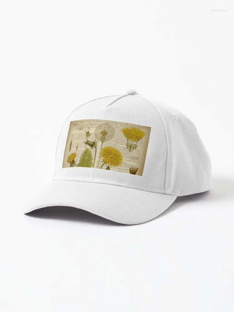 Casquettes à billes imprimé botanique sur une vieille page de livre – Casquette à fleurs de pissenlit