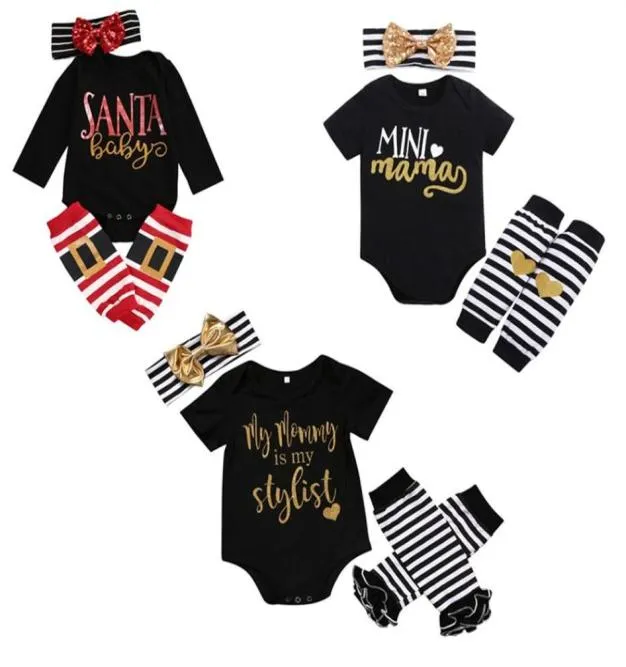 Baby Christmas Clothing Sets 5 Design Cartoon Printed Jumpsuit Kids Girls Stripe Bow Tie Headband Leg Warmer 3Pcs Outfit 02T 04228850735