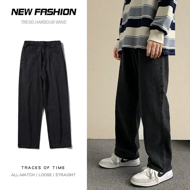 2024 Streetwear Baggy Jeans Men Korean Fashion Loose Straight Wide Ben Pants Mane Brand Clothing Black Blue 240131