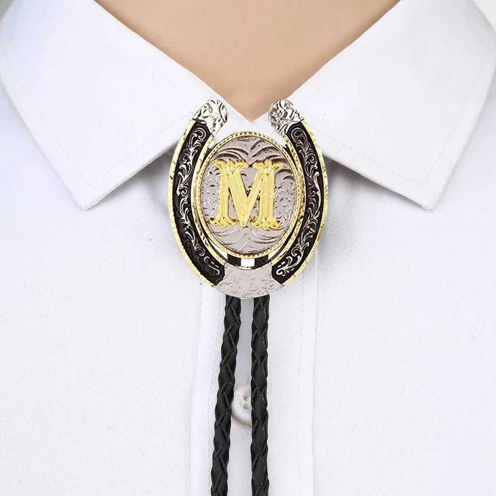 Gold Letter ABCDEFG-Z U shape bolo tie for man Indian cowboy western cowgirl leather rope zinc alloy necktie 240202