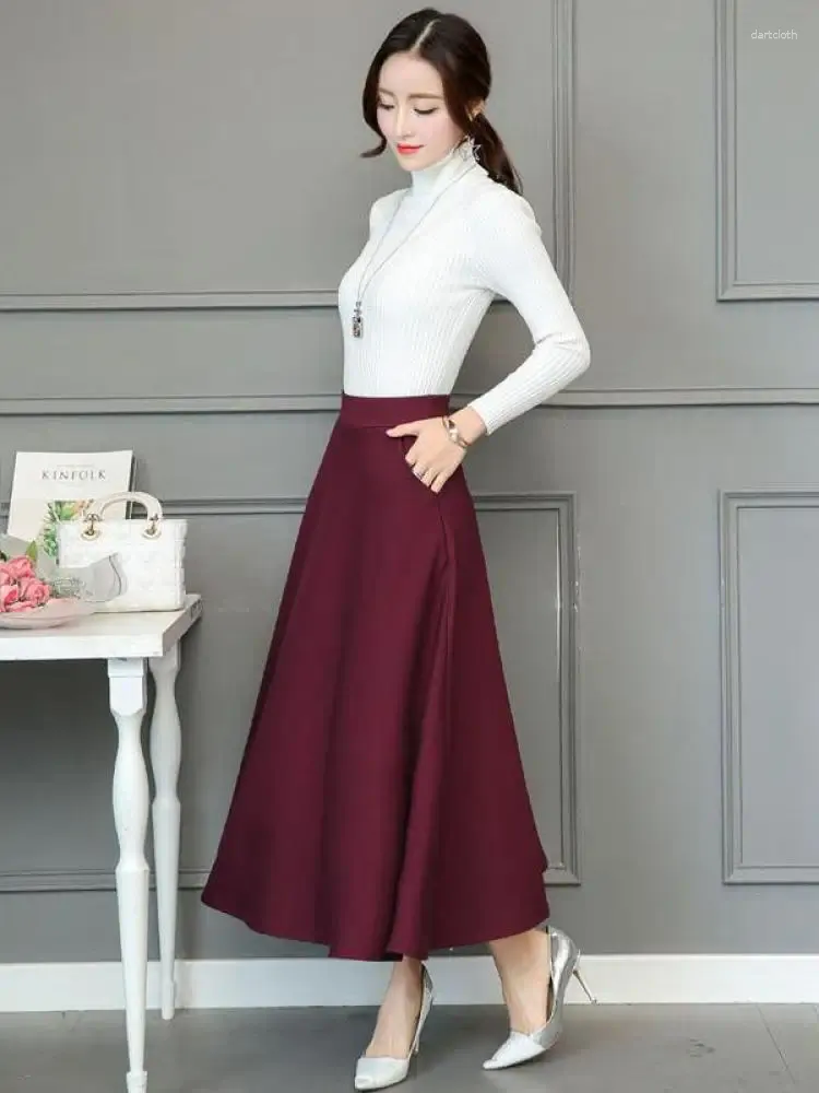 Skirts Black Elastic High Waist Pocket Long Skirt Women's Spring And Autumn Basic Casual Pleated Plus Size Slim Versatile Red