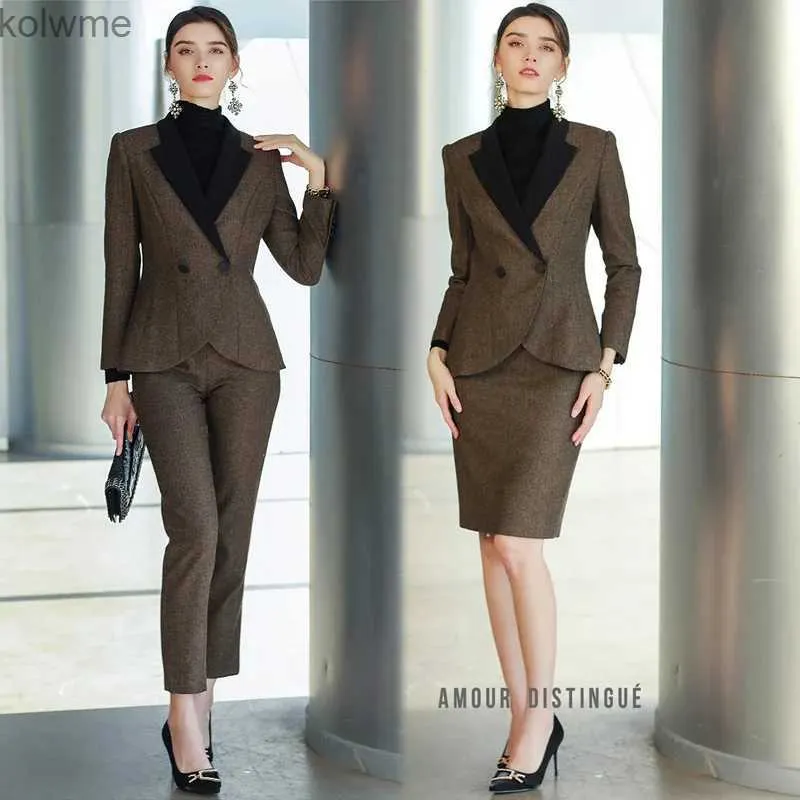 Women's Two Piece Pants Women S Office Suits Set Professional Female Business Lady Suit Heavy Coffee Blazer Pant Skirt Designer Tailor 2022 Free Ship YQ240214