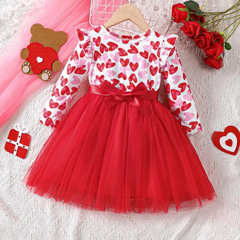 Robes de fête de saint-valentin pour filles, en maille et Tulle, Patchwork, imprimé cœur d'amour, vêtements de princesse pour enfants