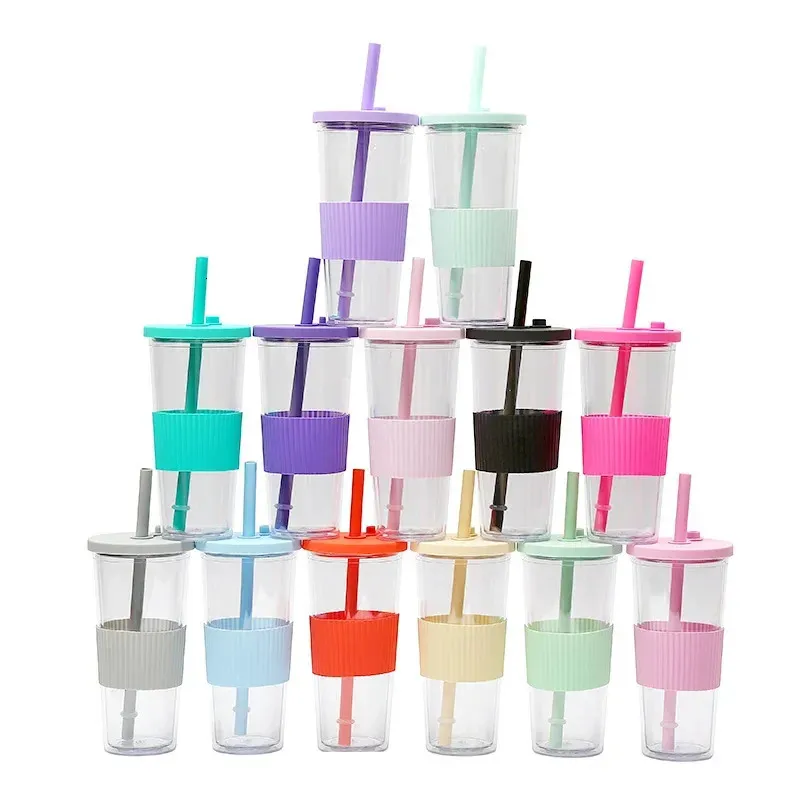 24oz Bubble Tea Tumbler Plastic Smoothie Tumbler With Straw and Silicone Lid återanvändbar Boba Cup dubbel vägg Iced Coffee Tumbler 240122