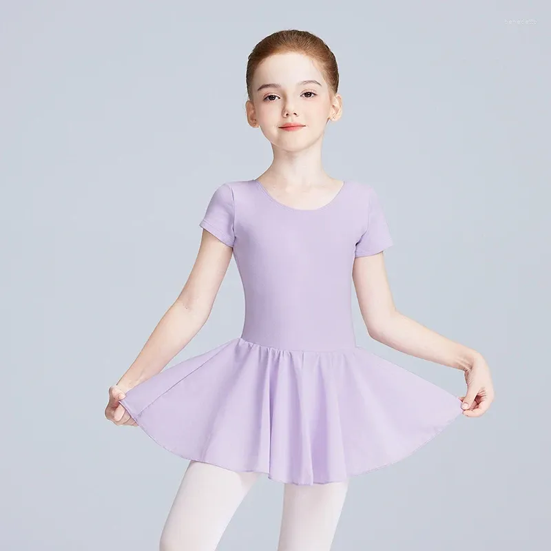 Stage Wear Filles Ballet Justaucorps Enfants Col Rond Avec Mousseline De Soie Doublée Tutu Robe À Manches Courtes Costumes De Danse De Gymnastique