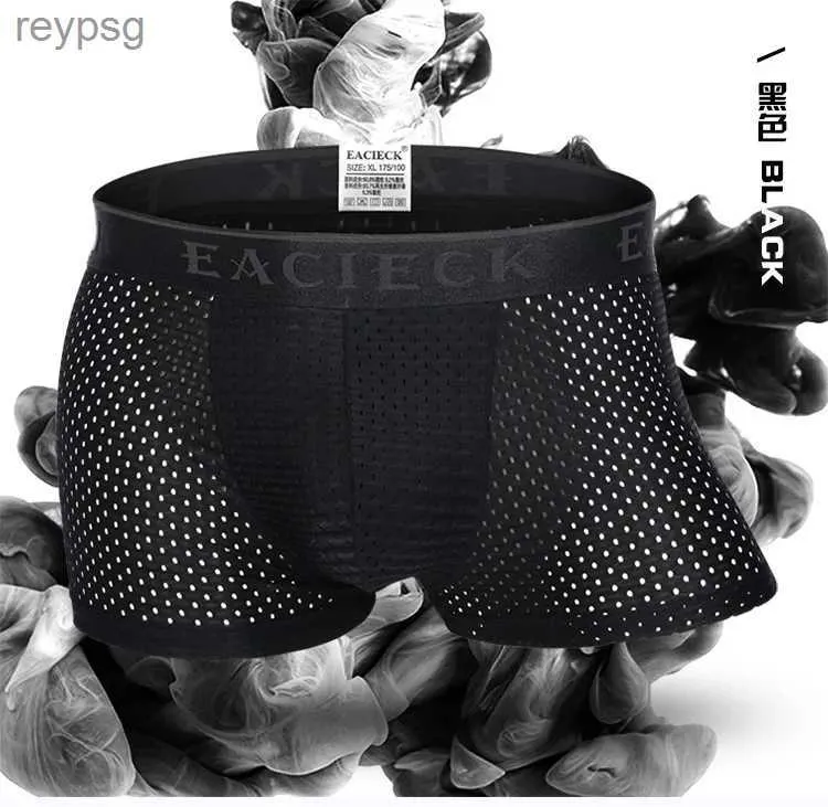 Underpants Bamboo Underwear Men Boxer Shorts Breathable Mesh Sexy Mens Boxers Transparent Brand Fishnet Seamless YQ240214