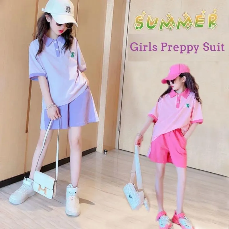 Clothing Sets Summer School Girls Sweet Turn Down T-Shirt Tops Shorts Pant Children Tracksuit Kids 2PCS Outfit Preppy Suit 3-16 Years