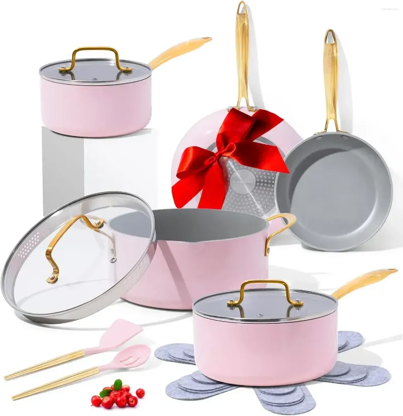 Cookware Sets Non-stick Set Pink Pots And Pans Luxury Gold Induction Compatible PFOA Free 15 PCs