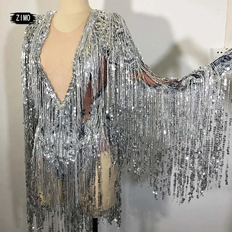 Wearging Sparkly Sequins Fringe BodySuit Femmes Sexy Dancer Show Leotard Célébreuses Tenue Prom Bar Party Birthday Party DJ Costumes de boîte de nuit