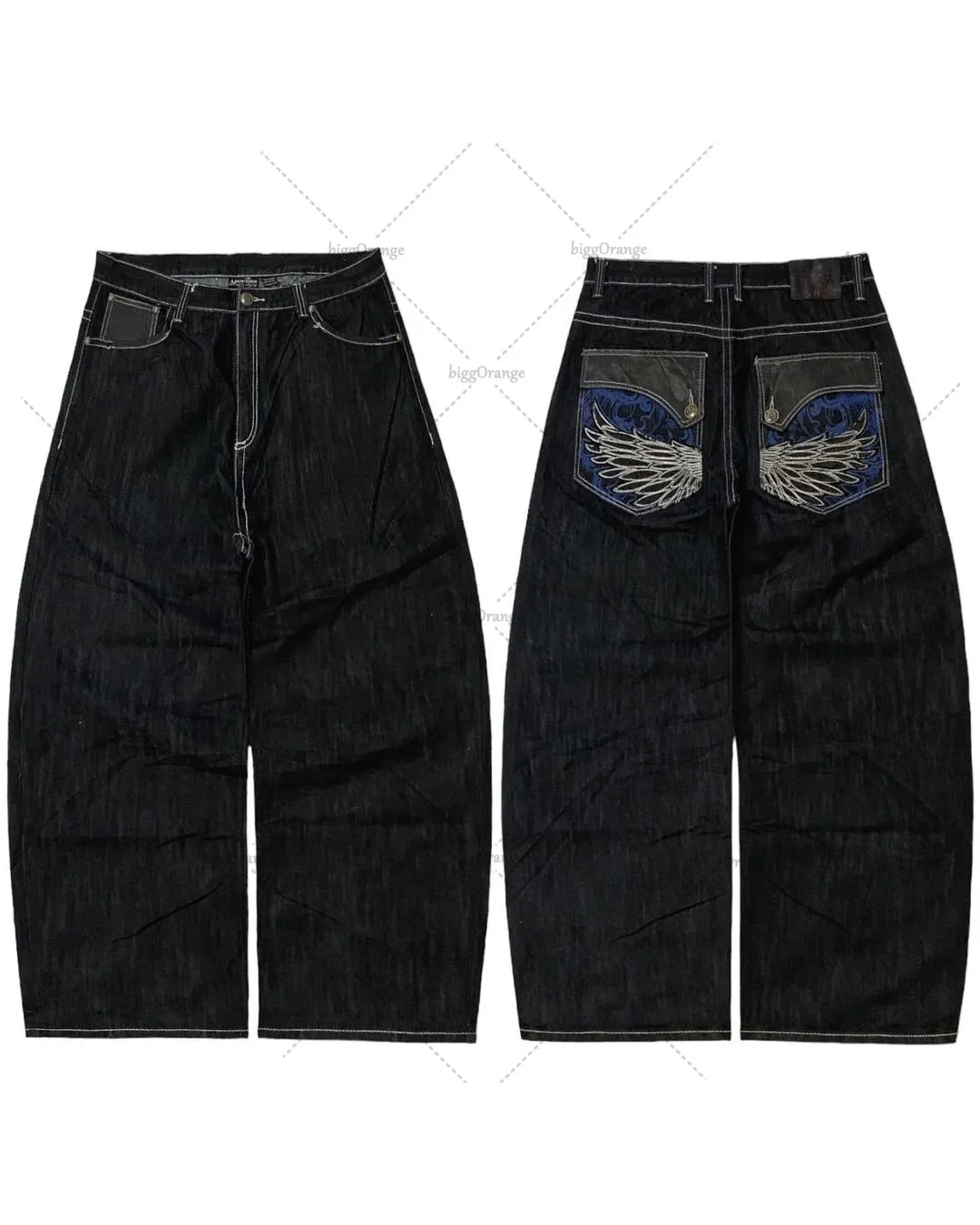 Y2K Wings Embroidered Pattern Jeans Mens Vintage 90s Black Straight Loose High Waist Pants Oversized Wide Leg Japanese Street 240119