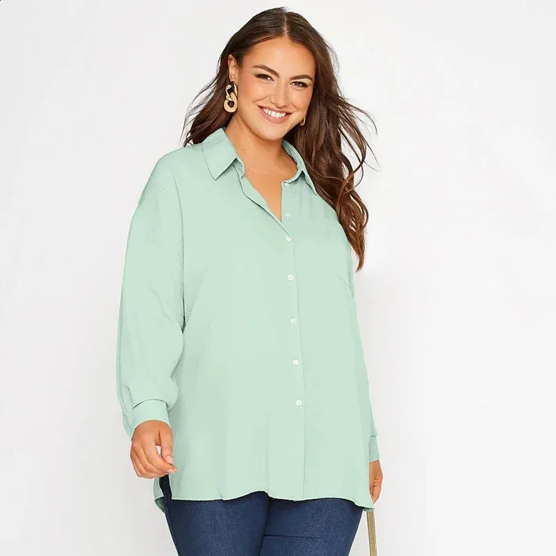 Plus Size Long Sleeve Spring Autumn Elegant Blouse And Shirt Women Button Front Slit Hem Loose Oversize Work Office Shirt Outfit 240202