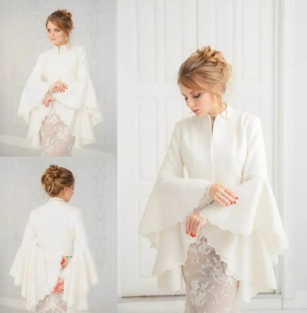 Blanc De Mariée Wraps Satin Automne Hiver Chaud Trompette À Manches Longues Pour Le Mariage Soirée De Bal Partys Vestes Manteaux Ivoire Châle Haussements D'épaules C6179663