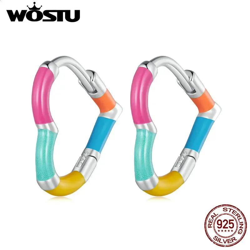 Wostu original 925 prata esterlina arco-íris em forma de coração clipes de orelha argola com processo de esmalte jóias finas para presente de festa feminino 240119