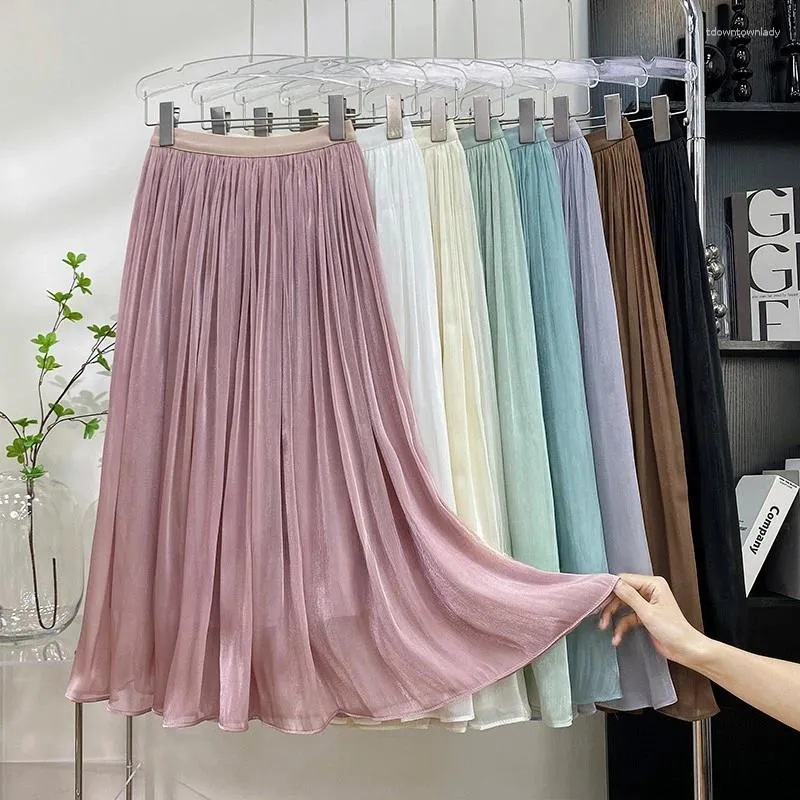 Etekler Kadınlar için Uzun A-Line Yüksek Bel Düz Renk Parlak Pileli Etek Kadın Şifon Kore tarzı Sokak Giyim Sonbahar Dropship