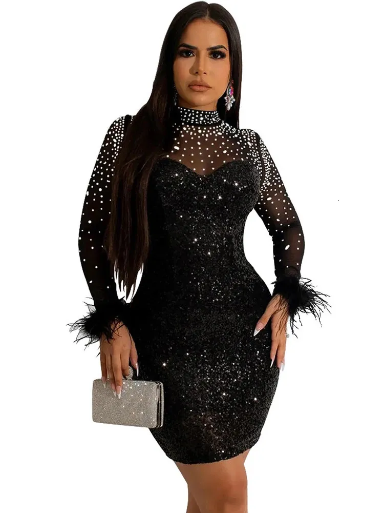 Sexig Mesh Rhinestone Sequin Feather Prom Mini Dresses See Through Night Club Outfits Party Sexig Clubwear Diamond Kort klänning 240127