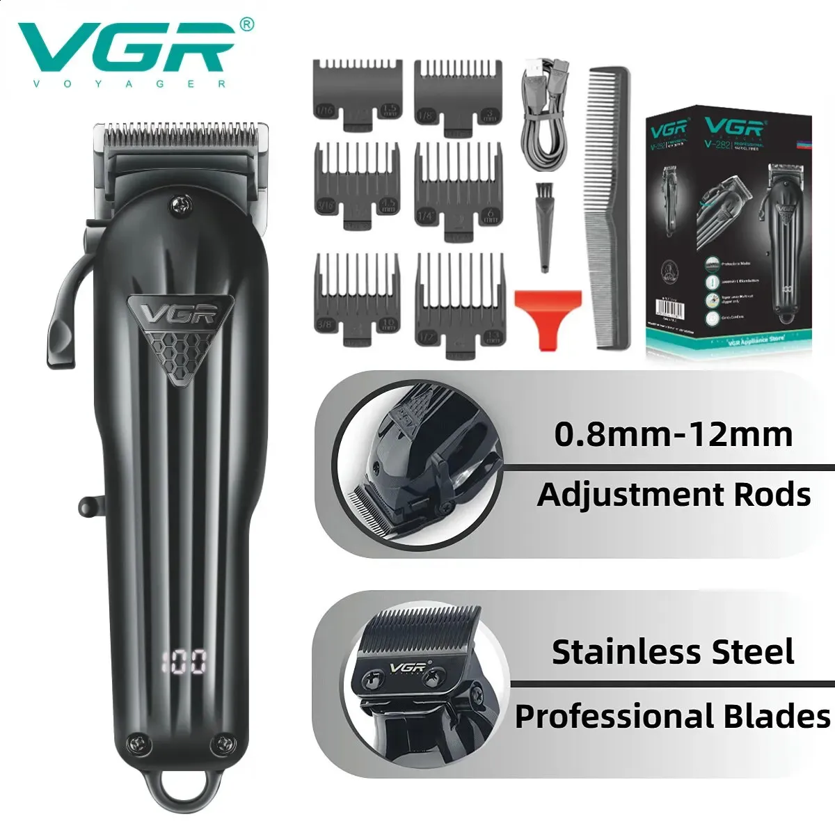 VGR Haarschneidemaschine, professionelle Haarschneidemaschine, Haarschneider, Elektrorasierer, verstellbarer kabelloser Trimmer für Männer, USB V-282 240124
