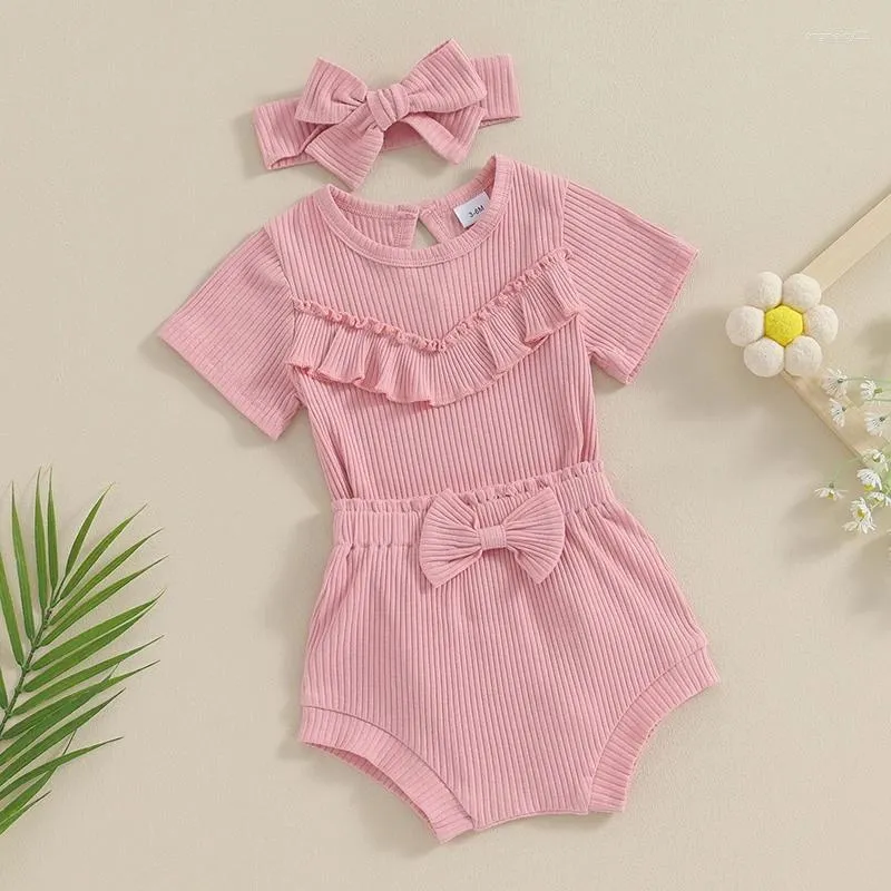 Giyim Setleri Toddler Bebek Kız Bebek Yaz Kıyafetleri Düz Renkli Şerit Ruffles Kısa Kollu Yük atanlar Yüksek Bel Şortu Kafa Bandı 3 PCS Giysileri