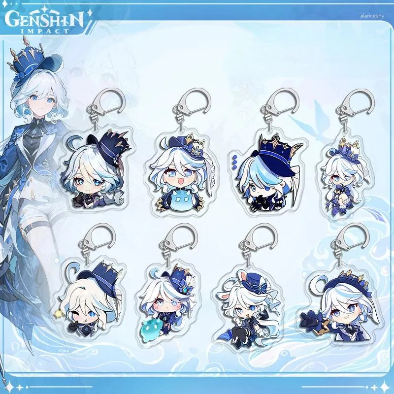 Keychains Focalors Furina Anime Keychain Genshin Impact Men Key Chain For Women Fashion Fontaine Söt figur Akryl Keyring Pendant Gift