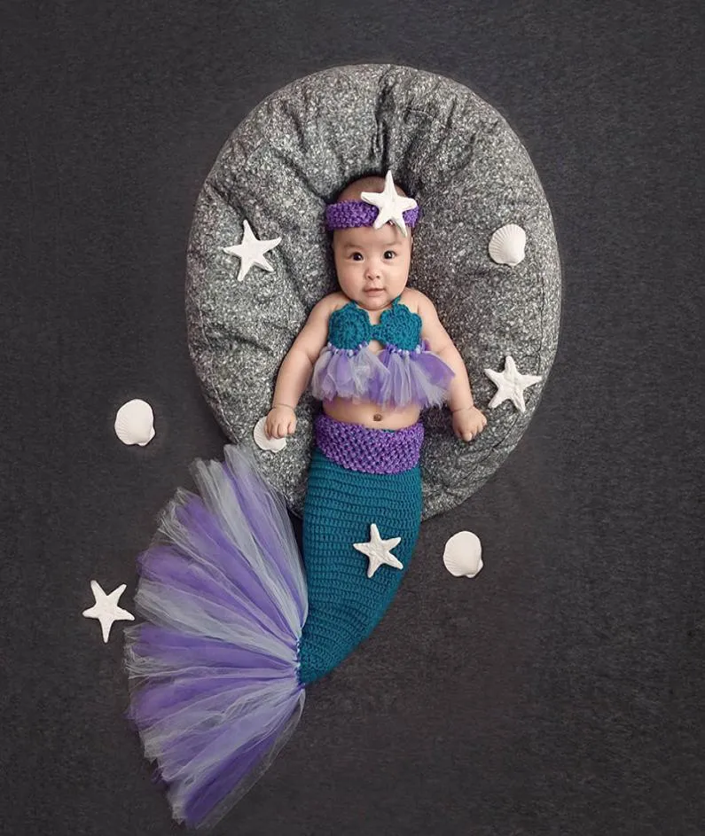 2019New Baby Girl Sticked Mermaid Costumes Tutu Mesh Spets Mermaid Tail Clothing Nyborn Bebe POGRAPHY PROPS STARFISH PHEADBANDMX4888563