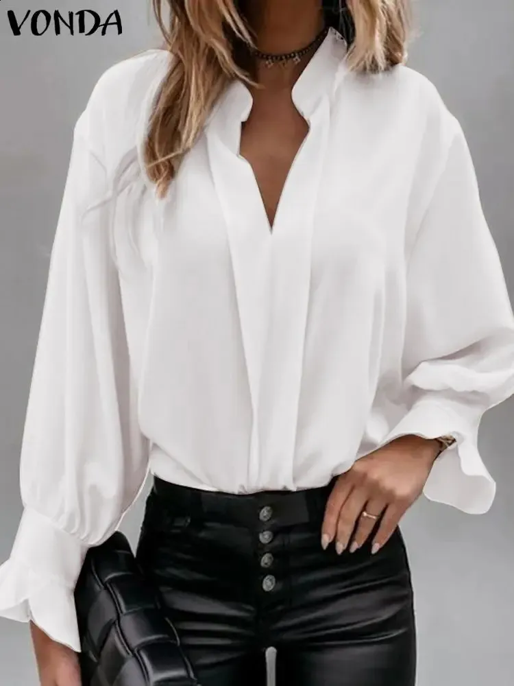 Plus Größe 5XL VONDA Mode Frauen Blusen Herbst Langarm Shirts Beiläufige Lose Solide V-ausschnitt Elegante Büro Blusas Top 240202