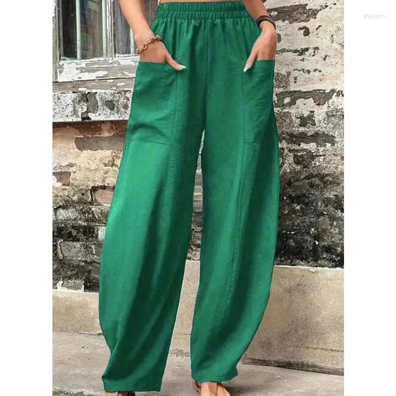 Kvinnor Pants Summer Casual Green Women Cotton Linen Elastic Midjebyxor Fashion Solid Loose Harem Pantalon Femme 25034