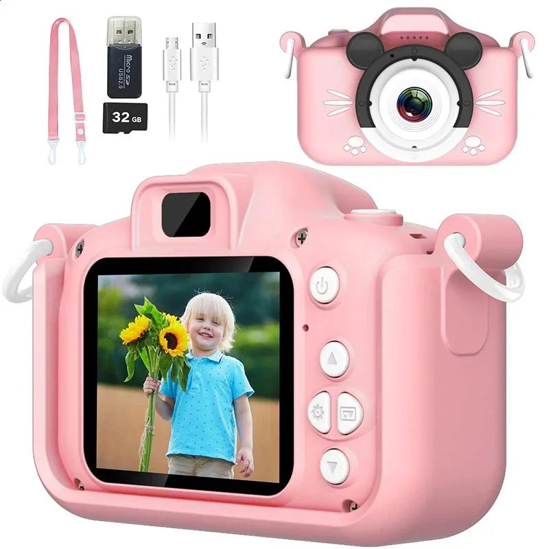 Kindercamera HD digitale videocamera voor peuters met siliconen hoes Draagbaar speelgoed met 32 GB SD-kaart voor meisje Kerstverjaardagscadeau 240123