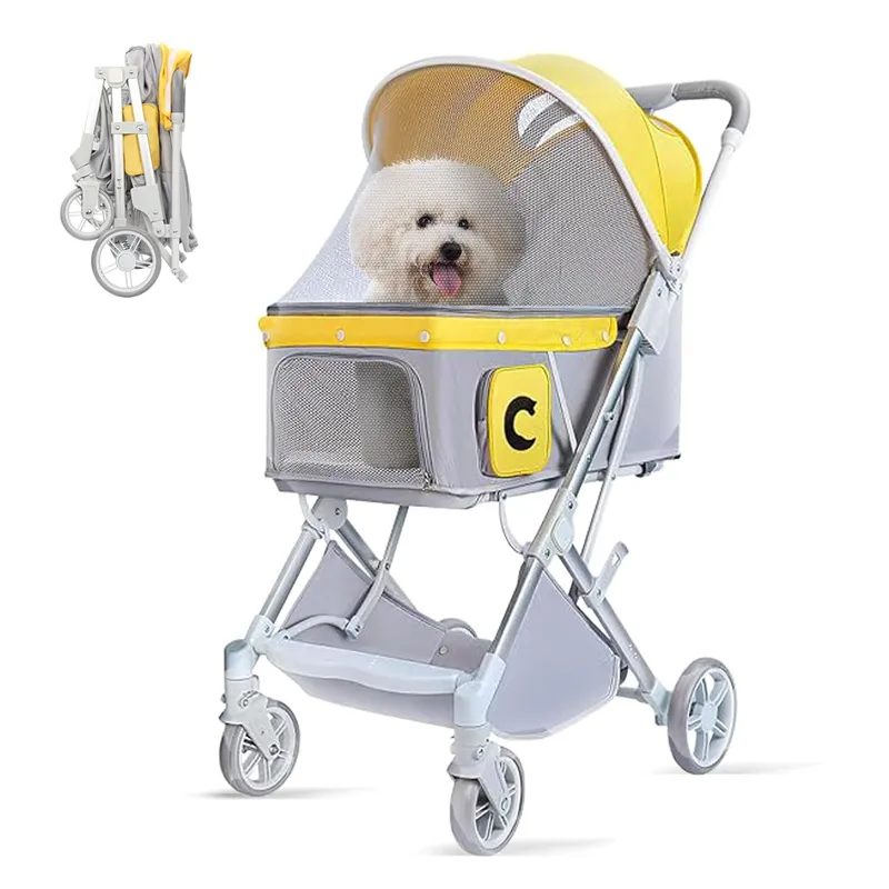 Poussette à cadre en aluminium d'aviation Poussette pliante pour chien 4 roues Chien/Chat Chiot Cage de transport portable avec panier de rangement Amortissement à ressort de roue avant à 360 ° avec frein