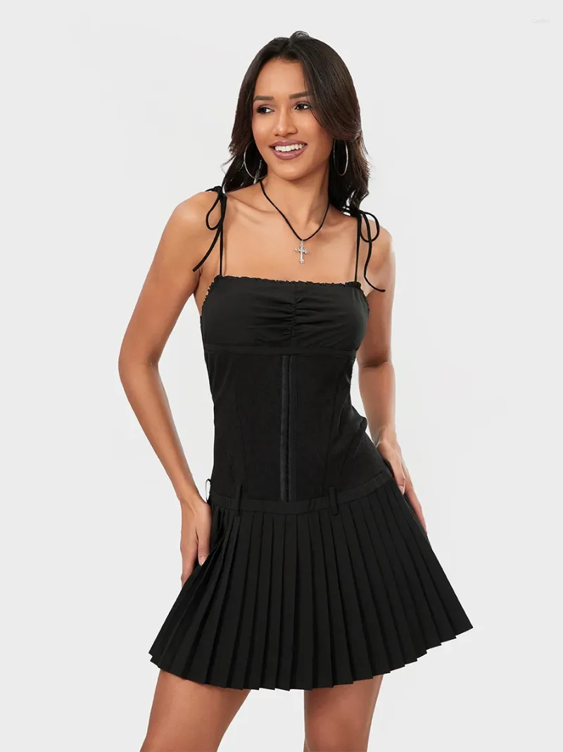 Casual Dresses Women Spaghetti Strap Bodycon Dress Sleeveless Backless Pleated Party Club Mini Corset Bustier Summer