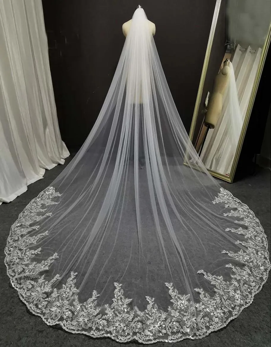 Verklig bild Glitter paljetter Lace Long Wedding Veil 3 Meter White Ivory Bridal Veil Wedding Headpieces Bride Veil8569528