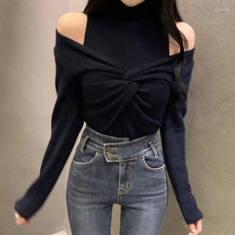 Women's T Shirts Hollow Twisted Long Sleeve Top Fall Winter Temperament Off-shoulder High Neck Pullover Tight-fitting Solid Knitwear