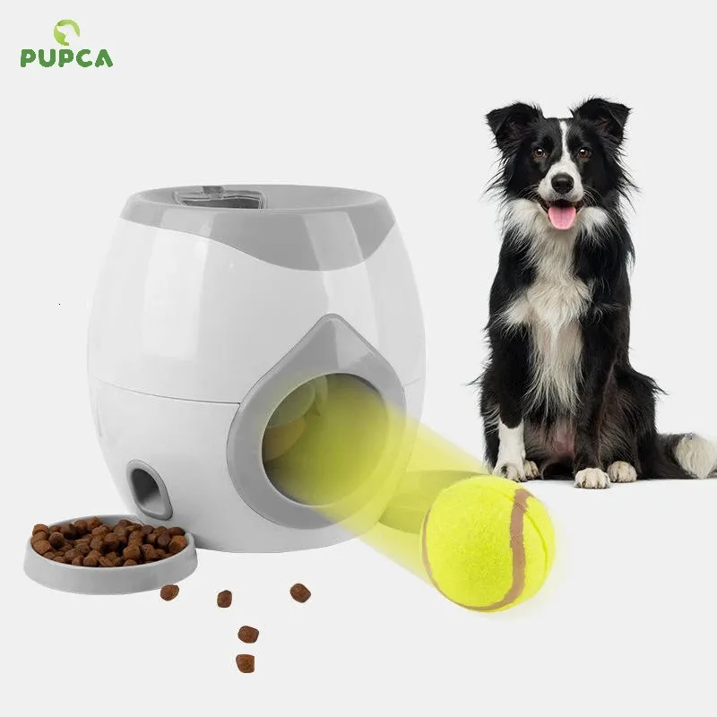 Dog Pet Toys 2 i 1 Tennis ER Automatisk kastmaskin Pet Ball Throw Device Interactive Pet Feeder Toy för alla storlekar Dog 240125