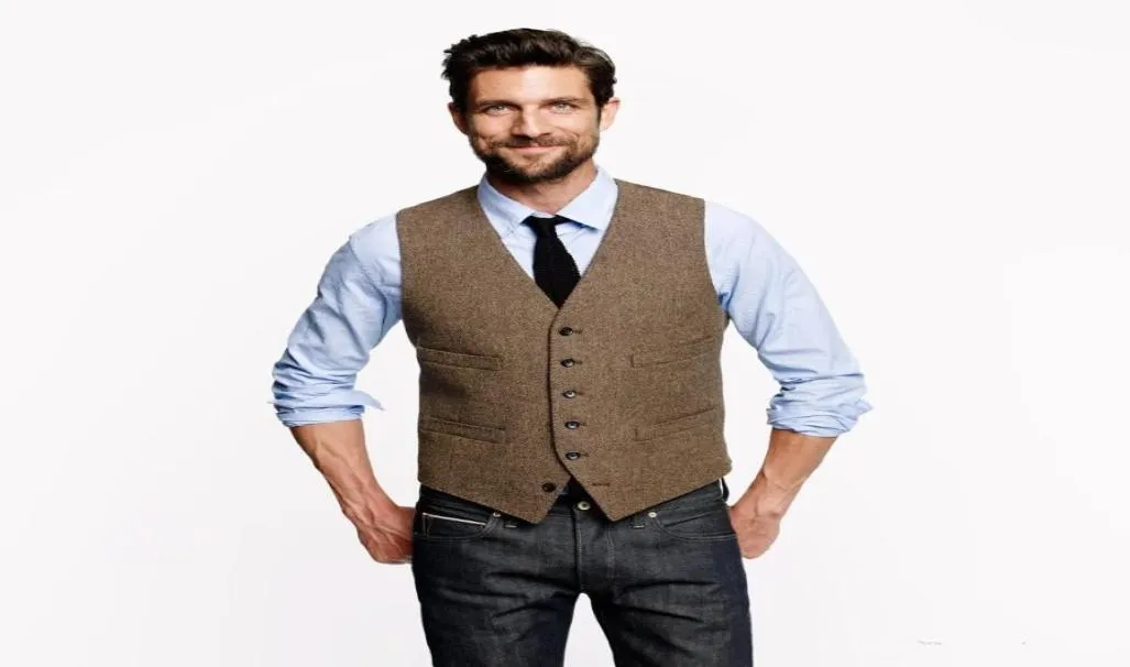 2019 New Fashion Brown Tweed Vests Wool HerringBone British Style Custom Made Mens Suit skräddare Slim Fit Blazer Wedding Suits For M4164509