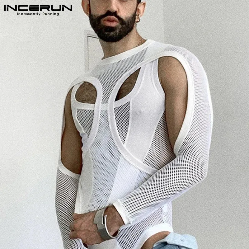 incerun men bodysuits mesh 패치 워크 잠옷을 통한 봅니다. o-neck 긴 슬리브 롬 퍼 속옷 스키니 섹시 바디 수트 s-5xl 240131