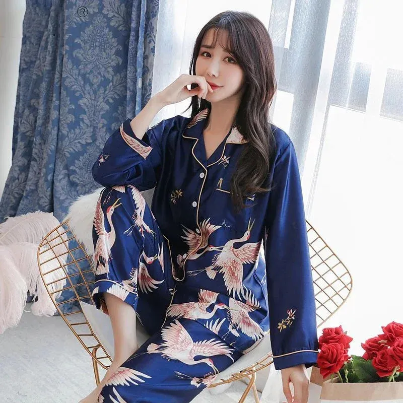 Oversize M5XL Dames Lange Mouw Broek Pyjama Zijde Satijn Pyjama Sets Nachtkleding Nachtjapon Pak Gewaad Badjurk Sleepshirts 240201