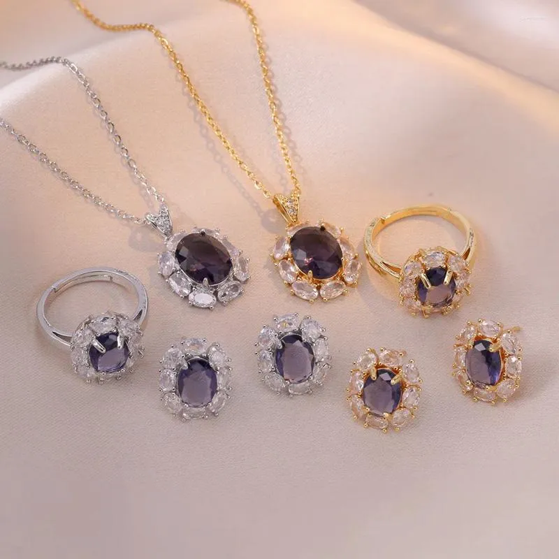 Colar brincos conjunto nupcial oval cz roxo anel pingente correntes de aço inoxidável colares para mulheres casamento noivado