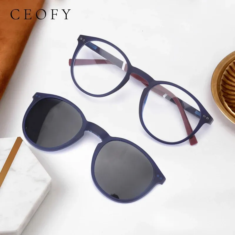 Ceofy Damen-Brillengestell, optische Myopie, runde Sonnenbrille, verschreibungspflichtige Herrenbrille mit Sonnenclip auf magnetischem C8014 240131
