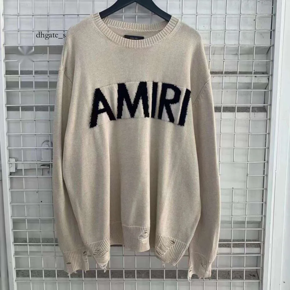 designer t shirt Ami Sweater Letter Ri Jacquard Tassel Damaged Lazy Wind Hole Loose Casual Round Neck Knitted Couple