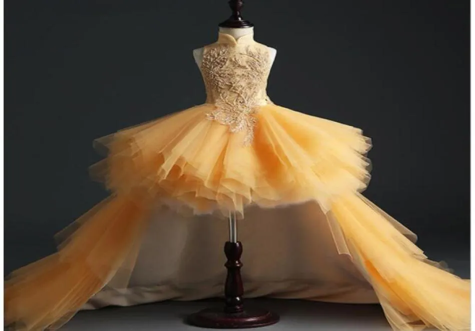 New Glizt Long Trailing Gold Lace First Communion Dress Beads Tulle Ball Girls Pageant Gown Flower Girl Dresses for Weddings HBT4419728
