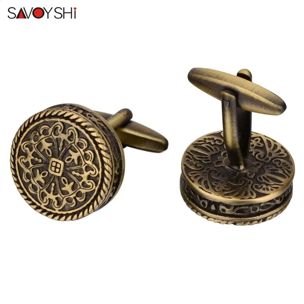 SAVOYSHI Gemelli per camicia da uomo di alta qualità Rotondi in bronzo con motivo vintage Gemelli in metallo Regalo con incisione gratuita Nome 240130