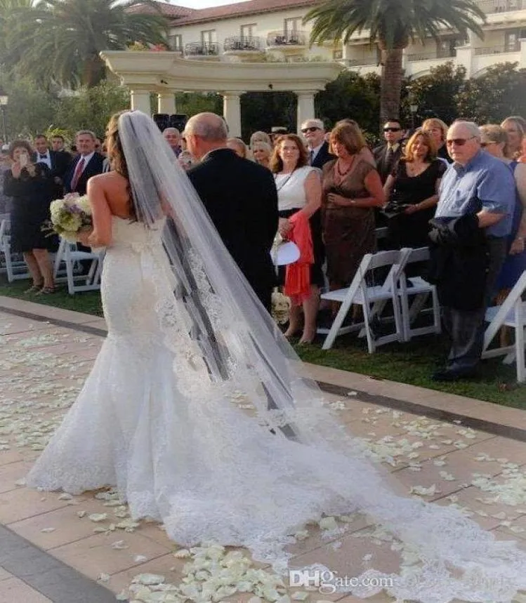 2019 Long Bridal Veils Elegant 2016 Cathedral Wedding Veils Lace Edge One Tier Church Bride Accessories Cheap Long Bridal Veil8593506