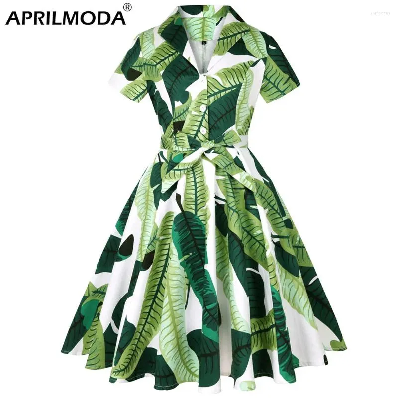Vestidos de festa verde folha impressão algodão pinup swing mulheres vestido com cinto 4xl 3xl robe femme 50's 60s retro vintage traje roupas