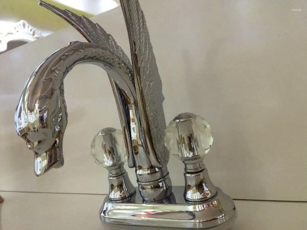 حوض الحمام صنبور حرة السفينة Swan Faucet Mixer Tap Brass 4 "Heal Center Hole Crystal Handles Chrome Color Deck مثبتة 2