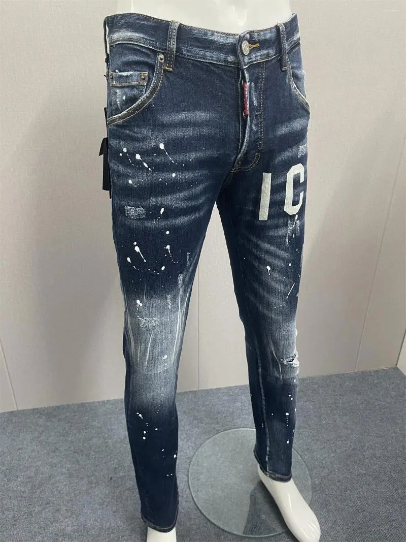 Jeans voor heren 2024 Denim broek 3D Splice D2 Lichte wassing Verfstippen Slim Fit Kleine voeten Licht elastisch Vocht Versleten gaten