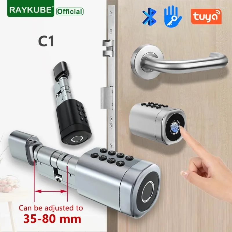 Smart Lock RAYKUBE C1 Tuya BLE Porta con lunghezza del cilindro regolabile in 2 modi Password per impronte digitali Chiave APP Sblocco scheda IC