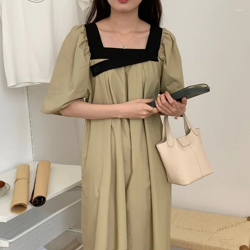 Бальные платья женские летние асимметричные длинные платья с квадратным воротником 2024 женский лоскутный с короткими рукавами прямой сарафан макси корейский стиль