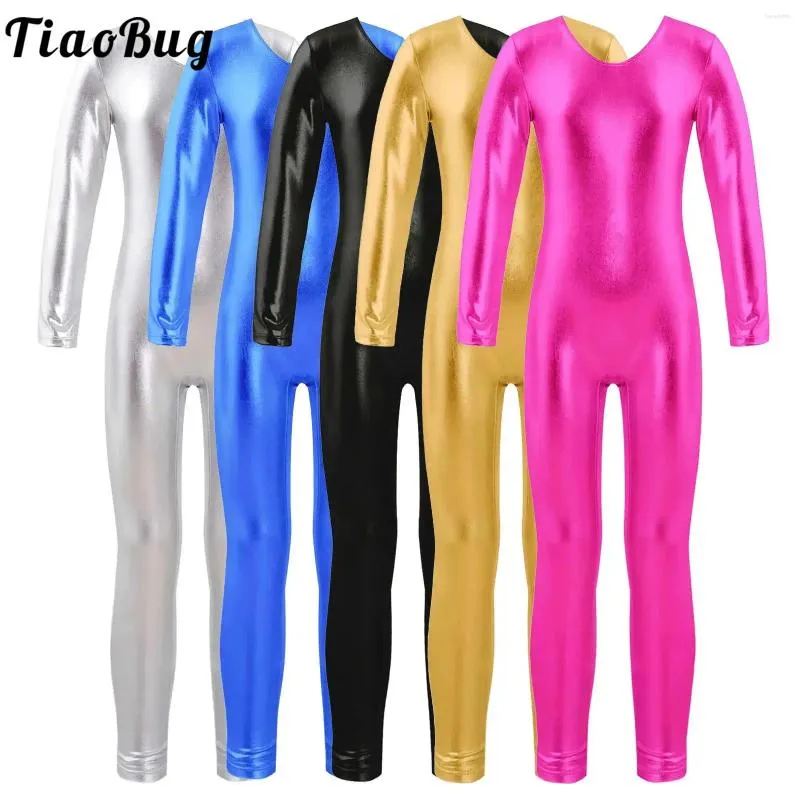 Stage Wear Enfants Filles One Piece Manches longues Full Body Gymnastique Ballet Danse Justaucorps Combinaison Brillant Métallique Bodusuit Costumes