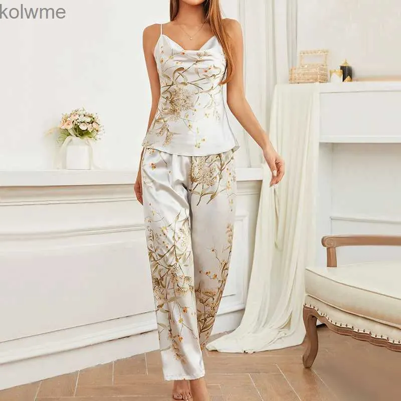 Women's Two Piece Pants Women Satin Pajama Sets Camisole+Pants 2Pcs Suits Fashion Printed Summer Ice Silk Sleepwear Comfortable Casual Home Clothes YQ240214