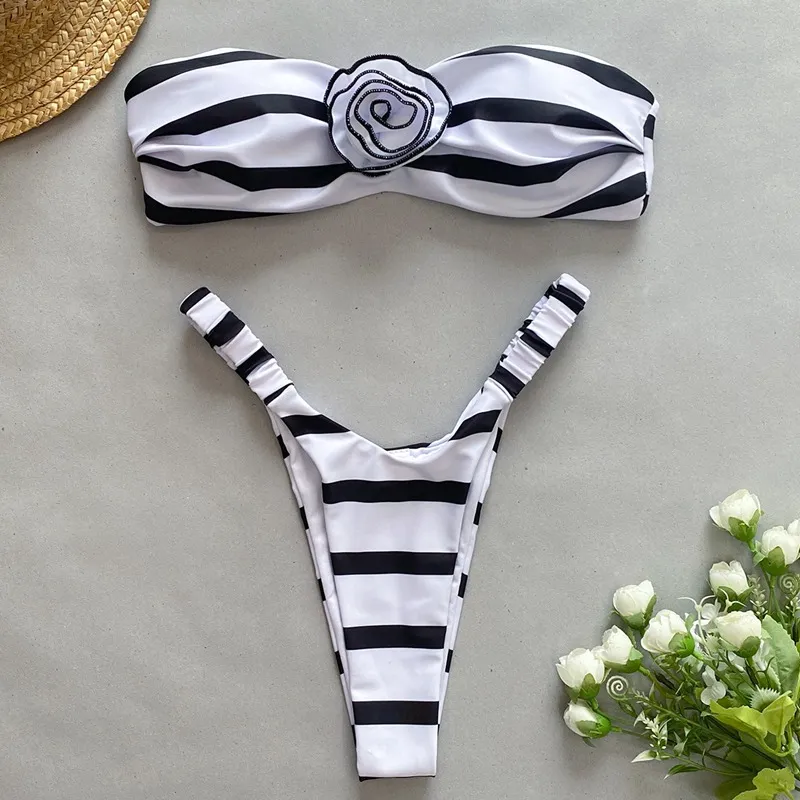 ARXIPA Sexy Bikinis Two Piece Swimsuit for Women Bandeau High Waist Bathing Suit Padded Push Up Beachwear Thong 3D Flower Striped